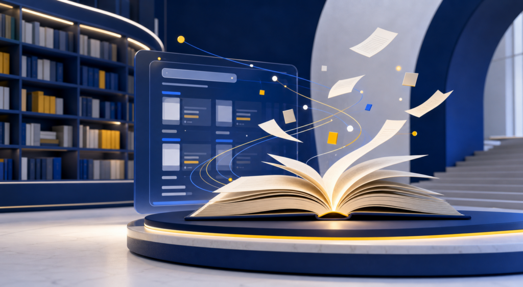 Ilustración conceptual de una biblioteca digital con un libro abierto y un catálogo académico